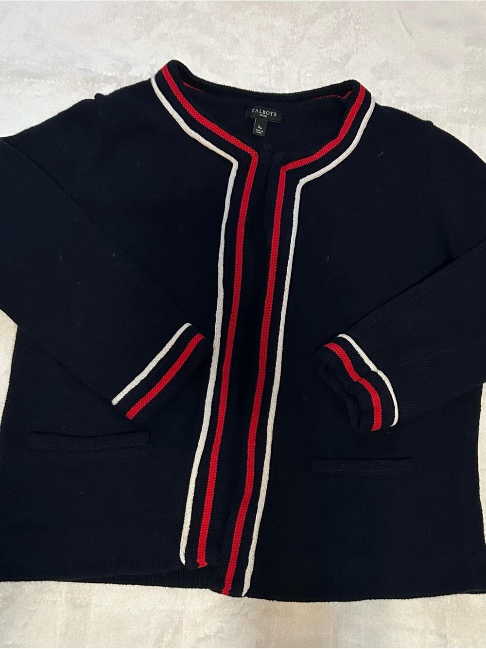 Talbots Navy Open-Front Cardigan with Red and White Trim - Picture 2 of 6